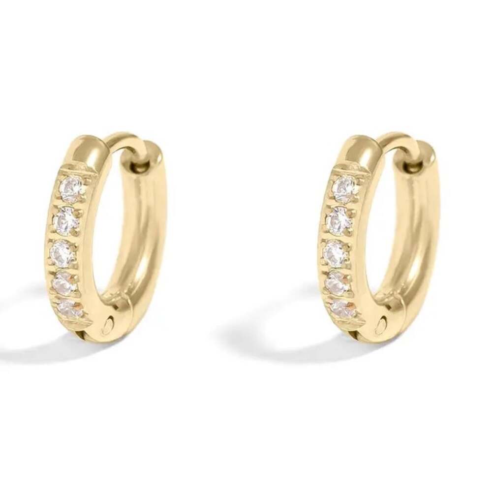 NWT 18K Gold PVD Stainless Steel CZ Stone Huggie Earrings Tarnish Free
